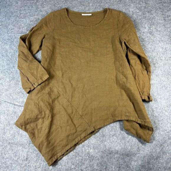 Bryn Walker Nadia Tunic Top Womens Small Linen Asymmetrical Hem Brown Lagenlook - Picture 1 of 9